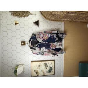 Melissa Paige Navy Floral Oversized Sheer Blouse with Pleated Hem- Size - Small